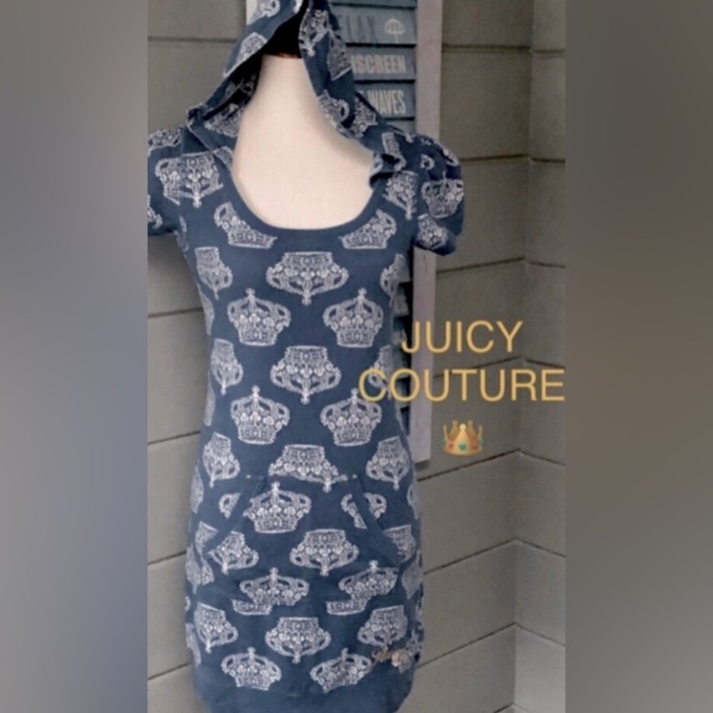 JUICY COUTURE rare blue hooded dress or swimsuit cover w/pockets emb logo,crown